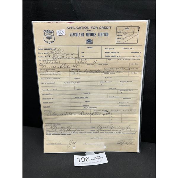 1948 Application For Credit w/ Vancouver Motors LTD