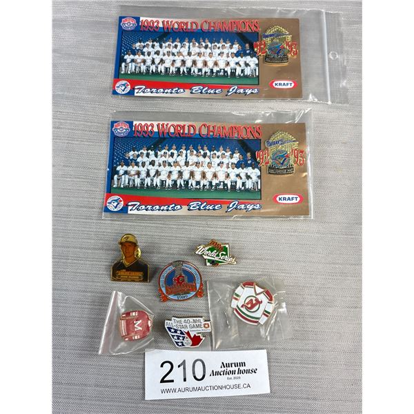 Lot of 8 Vintage Sports Pins:2 Blue Jays 1993 World Champions, 1989 World Series ++