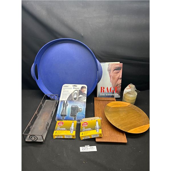Misc Lot: Guzzini Italy Blue Tray, Small Teak Tray, Unused Spark Plugs +