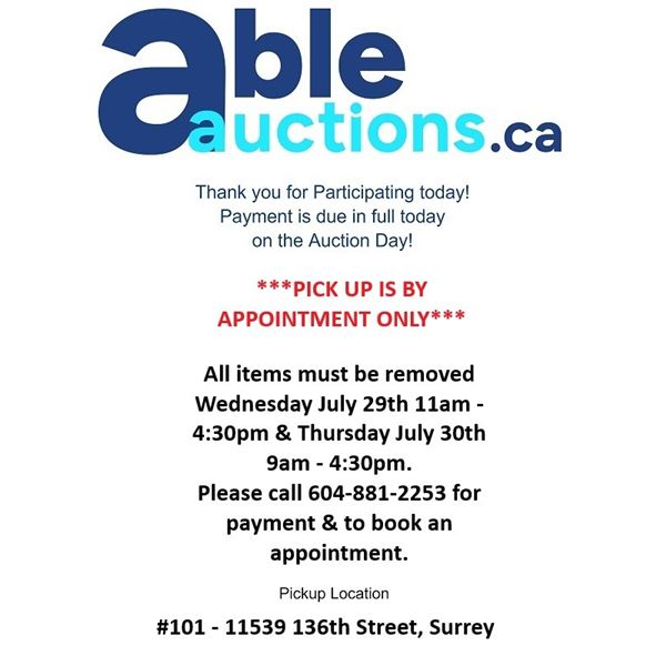 Items must be removed by Wednesday July 29th 11am-4:30pm & Thursday July 30th 9am-4:30pm