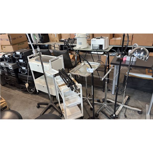 MIXED ITEMS INCL MOBILE LAMP STAND, GOOSE NECK STANDS, MAYO STANDS, CABINET W/ LED MAG AND MORE