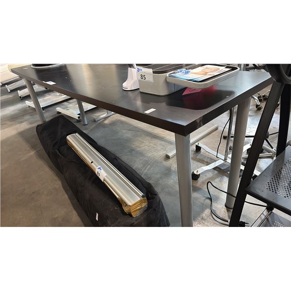 2 UTILITY TABLES ~4-6' FT AND 2 GREY FAUX LEATHER TUFTED SIDE CHAIRS