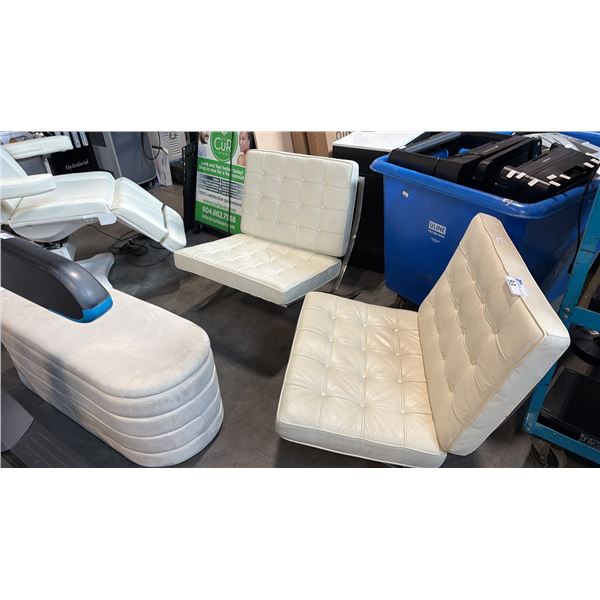 WHITE FAUX LEATHER BARCELONA STYLE LOUNGES AND VELVET STORAGE OTTOMAN