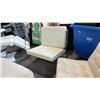 Image 2 : WHITE FAUX LEATHER BARCELONA STYLE LOUNGES AND VELVET STORAGE OTTOMAN