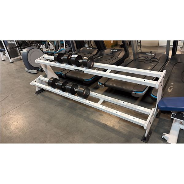 ATLANTIS 96" 2-TIER DUMBBELL RACK WHITE FRAME + UMAX COMMERCIAL DUMBBELLS 70-85 LBS SET