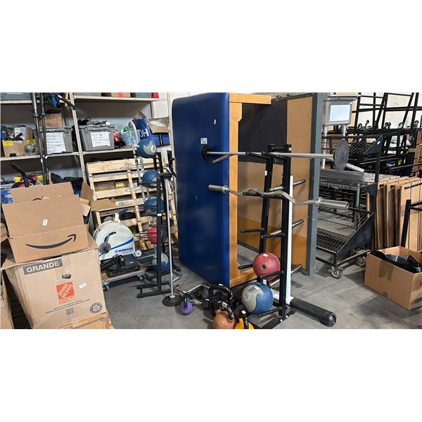COMMERCIAL FACILITY LOT: WIDE MASSAGE TABLE, MEDICINE BALL RACK, KETTLEBELLS, OLYMPIC BARS GRIPS
