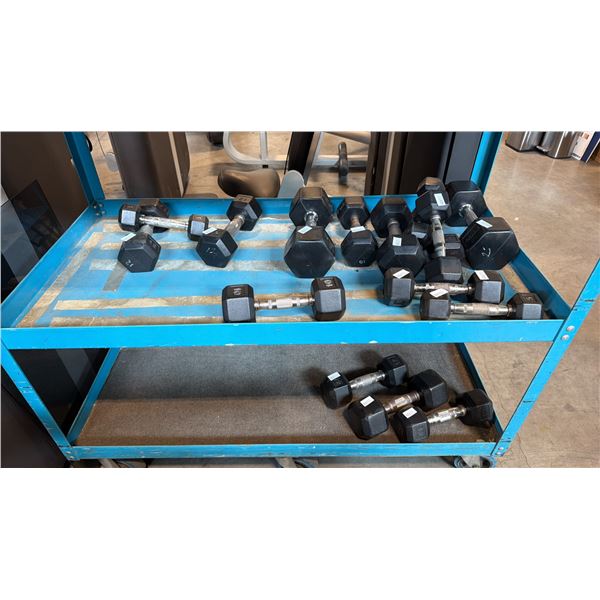 ASSORTED DUMBBELLS WITH RUBBER EXTERIOR FROM 25LBS TO 5LBS