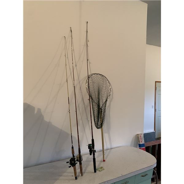 Fishing Rods, Reels, Net, and Flies Lot