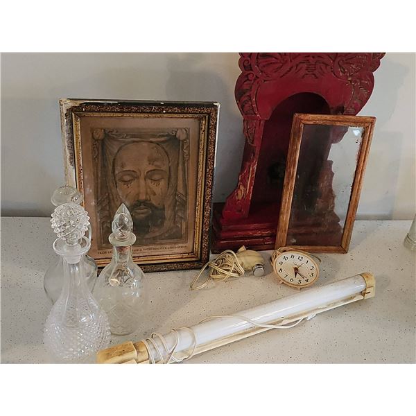 Lot: Religious Print, Decanters, Clocks