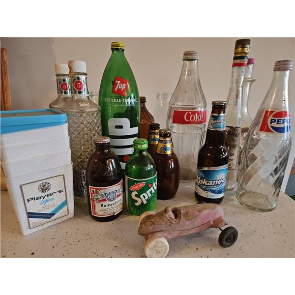 Vintage Bottles and Tin Box Lot Pepsi 7up Coke
