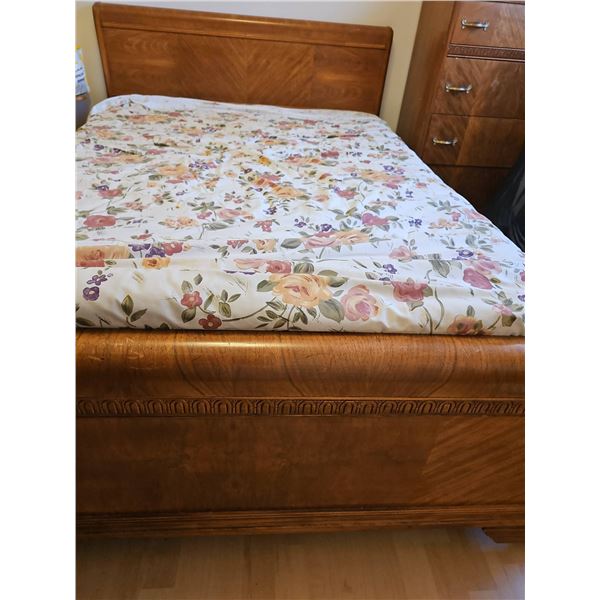 Antique Wooden Double Bed Frame with Mattress & Bedding Vintage with Metal Caster feet