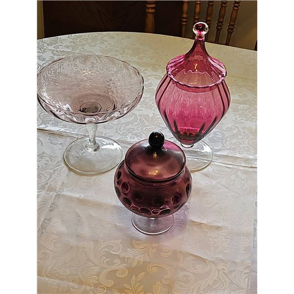 Trio of Cranberry Glass Lidded Dishes