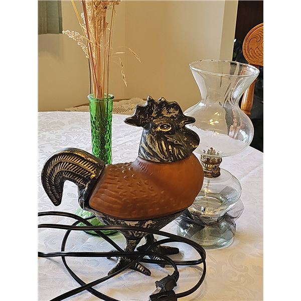 Three Decorative Table Items oil lamp rooster lamp