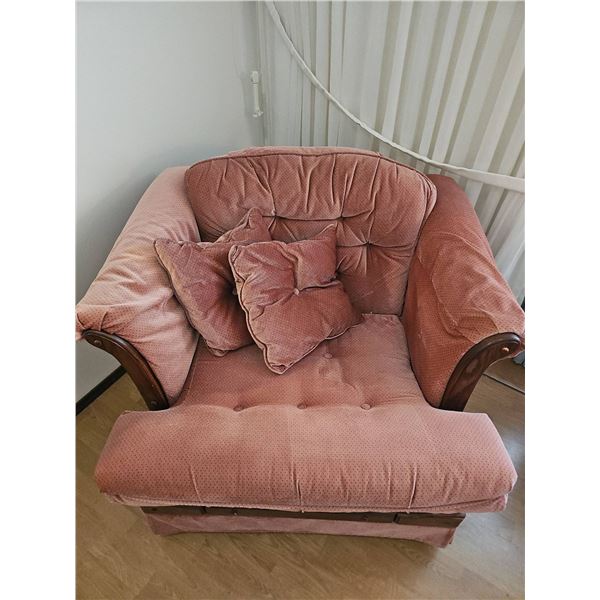 Charming Pink Vintage Upholstered Armchair with Wooden Accents