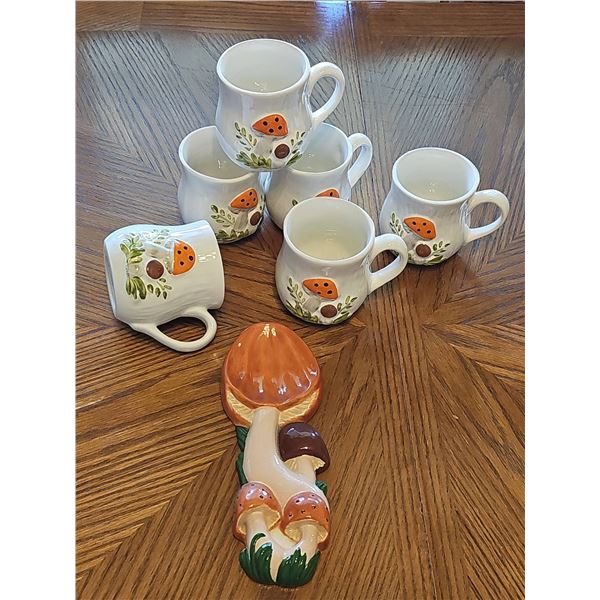Vintage Set of Five Ceramic Mushroom Mugs with Spoon Holder