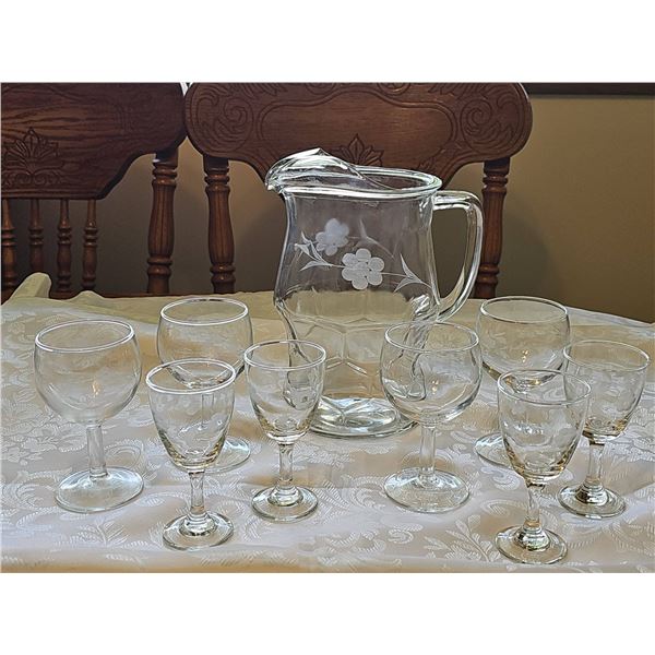Etched Glass Pitcher With Eight Goblets