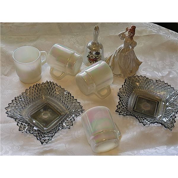 Vintage Fire King Glass Mugs, Bowls, Figurine, and Bell