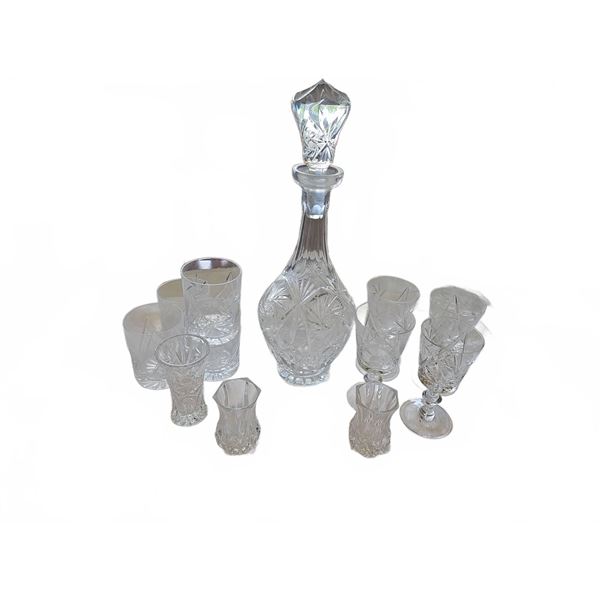 Cut Glass Decanter With 9 Matching Glasses