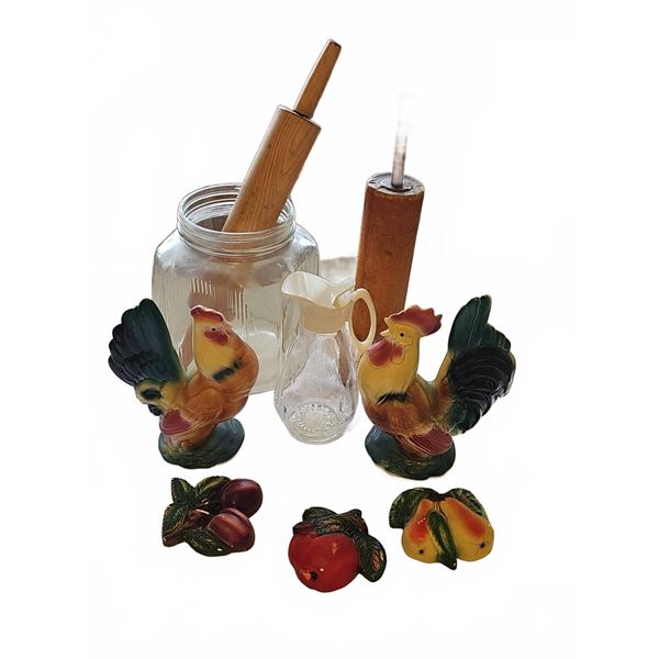 Ceramic Rooster Figurines and Fruit Magnets