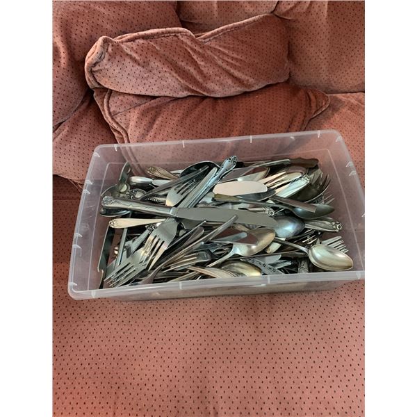 Vintage Flatware Assortment in Plastic Bin