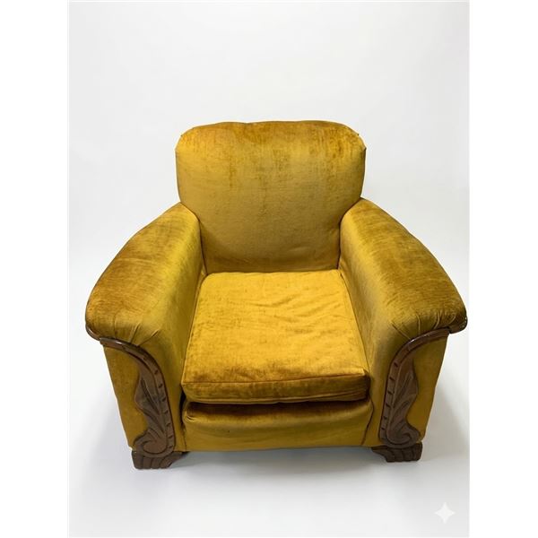 Vintage MCM Mustard Velvet Armchair with Wood Accents