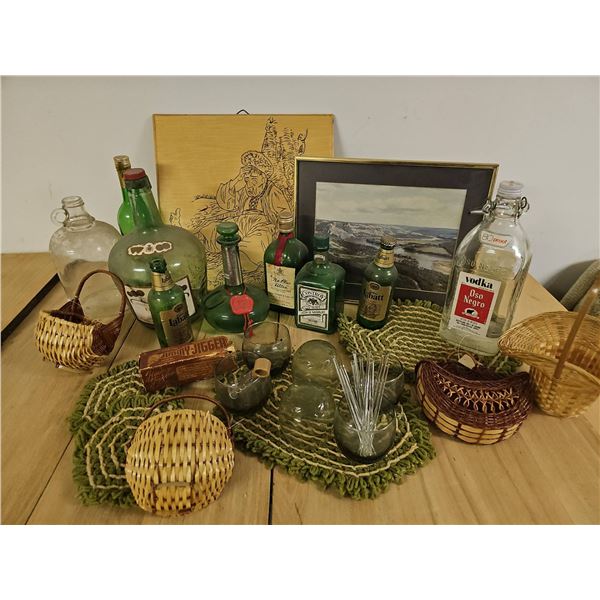 Glass Bottles, Barware, and Baskets