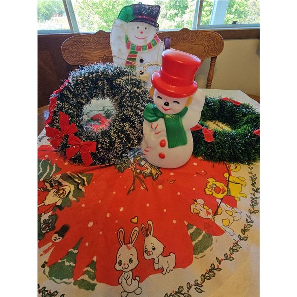 Christmas Decor Lot: Snowman Blow mold small.  Artificial Wreath, Tree Skirt Vintage
