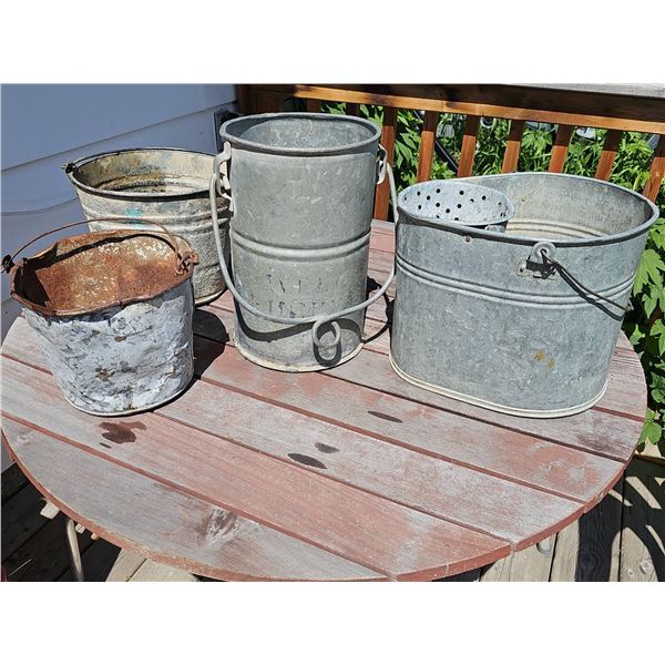 Four Galvanized Metal Utility Buckets