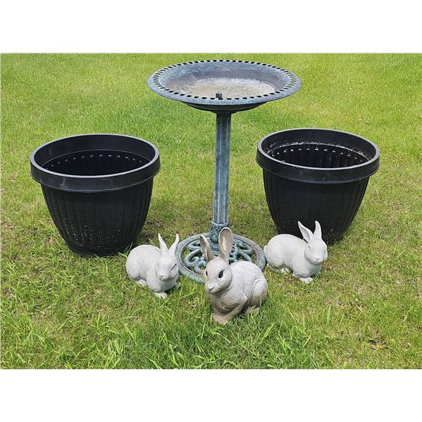 Garden Bird Bath with Two Planters and Three Decorative Bunny Figures