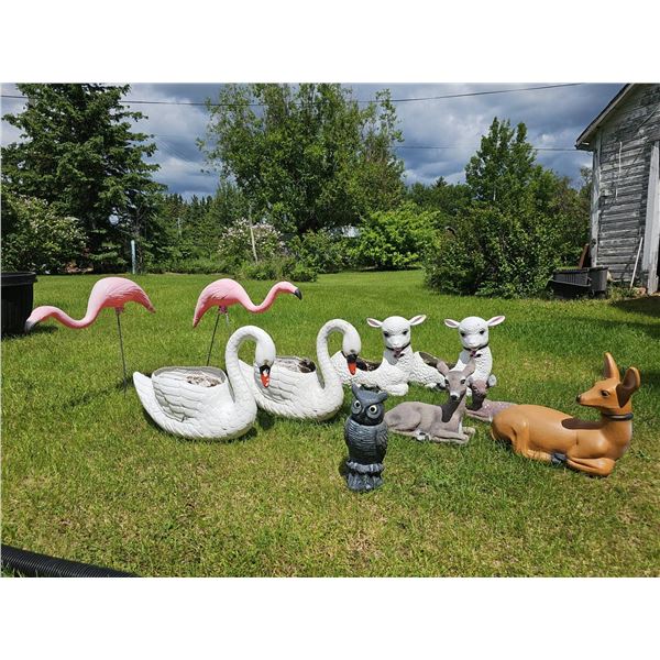 Vintage Garden Animal Ornament Lot Including Swans, Flamingos, Lambs, Deer, and Owl
