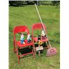 Image 1 : Red Folding Chairs, Three Garden Gnomes, Rake, and Garden Decor Sign