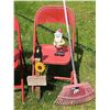 Image 4 : Red Folding Chairs, Three Garden Gnomes, Rake, and Garden Decor Sign