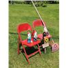 Image 6 : Red Folding Chairs, Three Garden Gnomes, Rake, and Garden Decor Sign