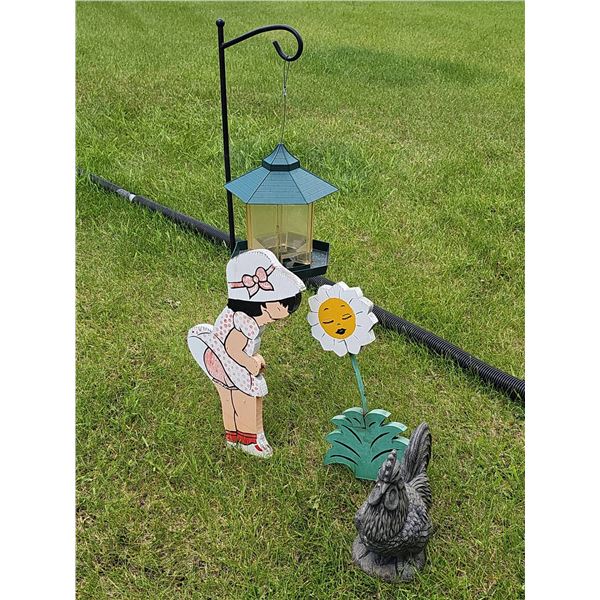 Garden Decoration Lot With Lantern, Girl, Flower, and Rooster Figures