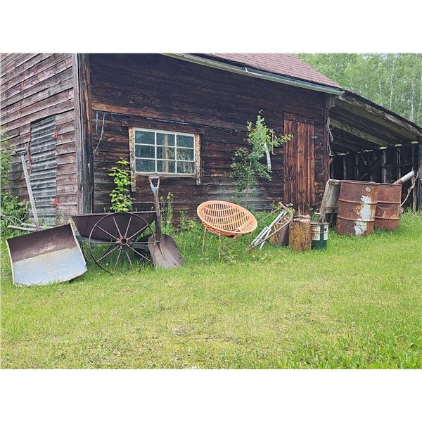 Vintage Farm Equipment, Metal Barrels, and Oil Cans