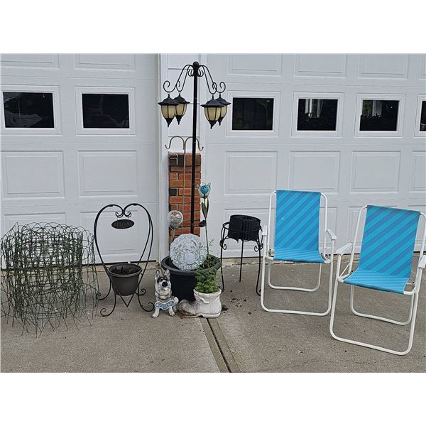 Outdoor Garden Decor Lot With Metal Chairs, Solar Lights, Ornaments