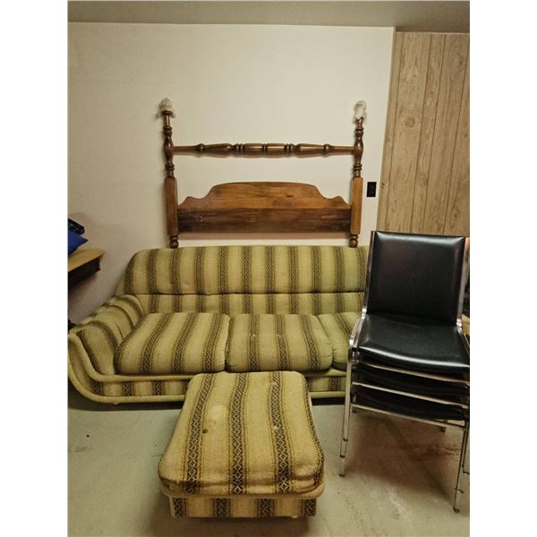 Living Room Group: Couch, Ottoman, 4 Vinyl Chairs, Wooden Headboard