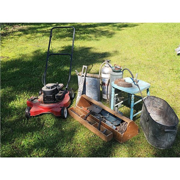 Vintage Tools, Lawnmower, Bottles, and Metal Tubs Lot
