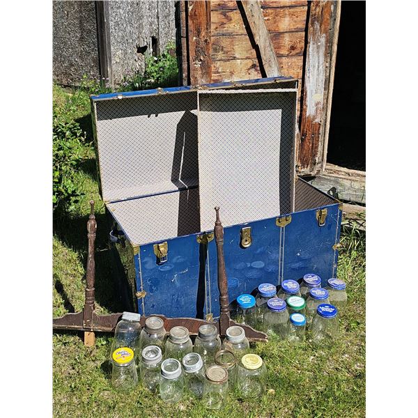 Vintage Blue Metal Steamer Trunk with Vintage  Mason Jars More!