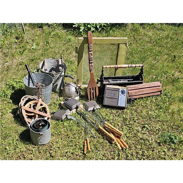 Eclectic Lot! Includes Metal Buckets, Philips Radio Cassette, Camp Tools, Vintage Window and Table