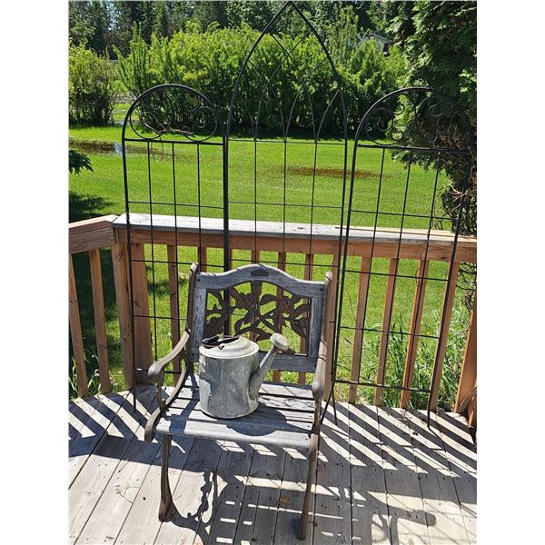Metal Garden Trellis, Decorative Bench, and Galvanized Watering Can Set