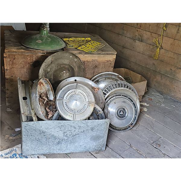 Vintage Hubcaps, Ontario Plates, and Light Fixture
