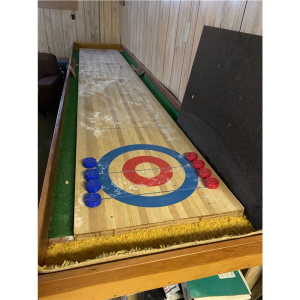 Vintage 1970s Shuffleboard Table Game With Blue and Red Pucks with Dart Board and Darts