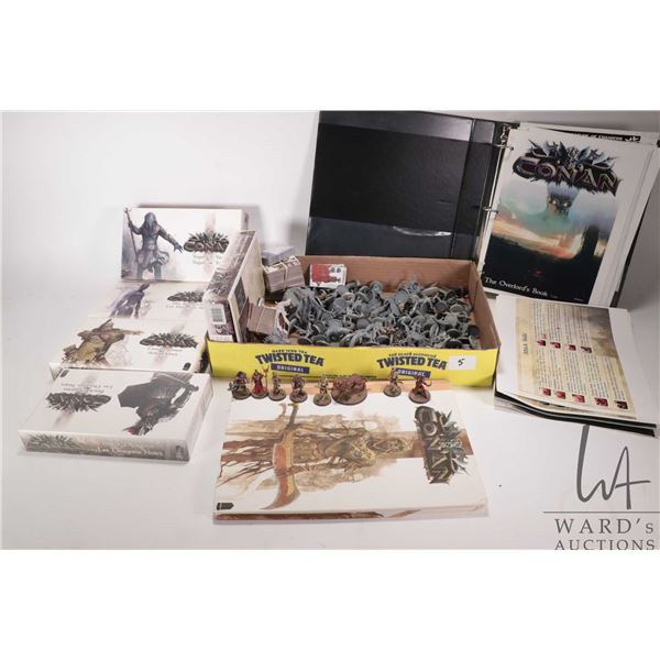 Selection of Conan game pieces, tokens and paintable figures, includes what appears to be game instr