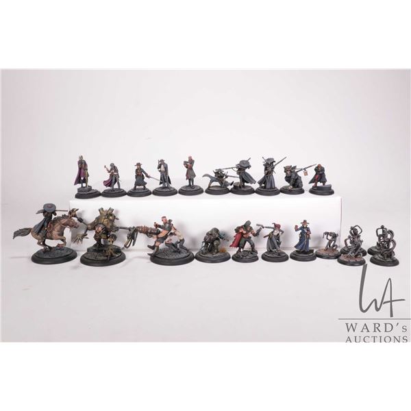 Twenty two painted tabletop war gaming figures, possbily from the Bloodborne or Malifaux board game,