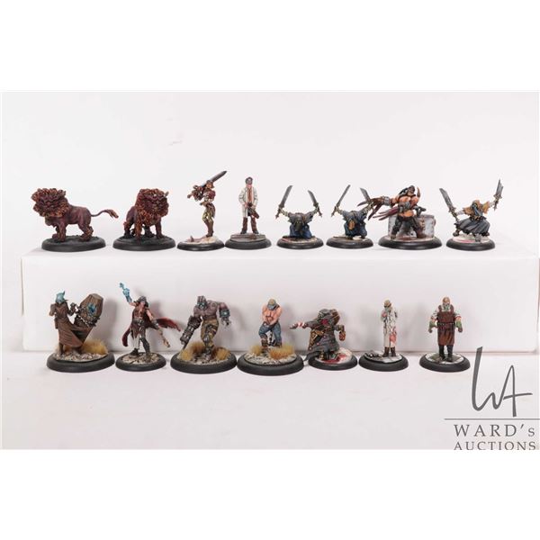 Fifteen painted tabletop war gaming figures, possibly Malifaux, but not confirmed. Some metal and so