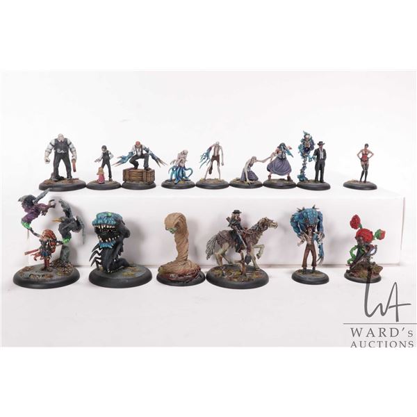 Fifteen painted tabletop war gaming figures, possibly Malifaux, but not confirmed.