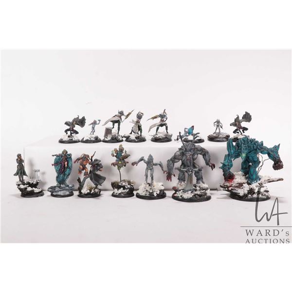 Fifteen painted tabletop war gaming figures, possibly Malifaux, but not confirmed.