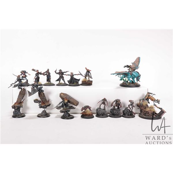 Fifteen painted tabletop war gaming figures, possibly Malifaux, but not confirmed. Some metal, some 