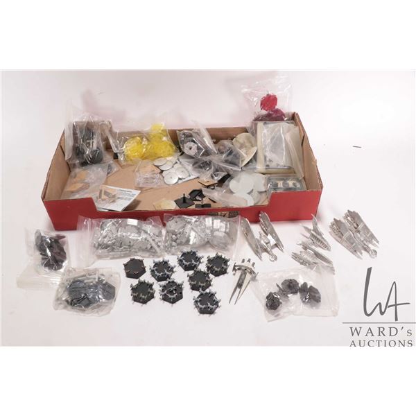 Tray lot containing a selection of metal paintable vehicles, bases, plus gaming pieces etc. Possibly